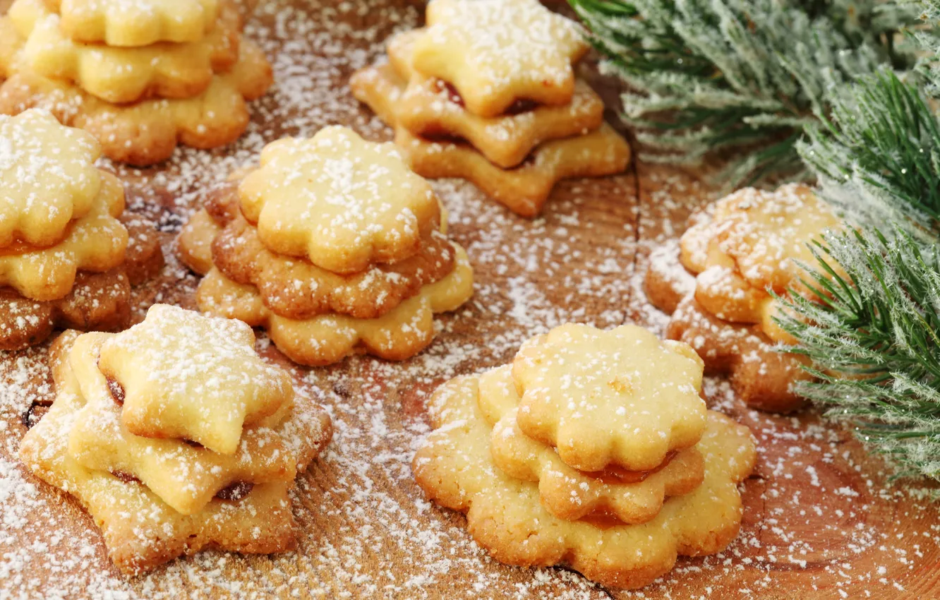 Photo wallpaper branches, tree, spruce, cookies, sugar, stars, cakes, Christmas