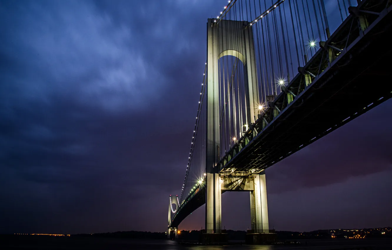 Photo wallpaper night, bridge, lights, reflection, Brooklyn, New York, Verrazano-Narrows Bridge