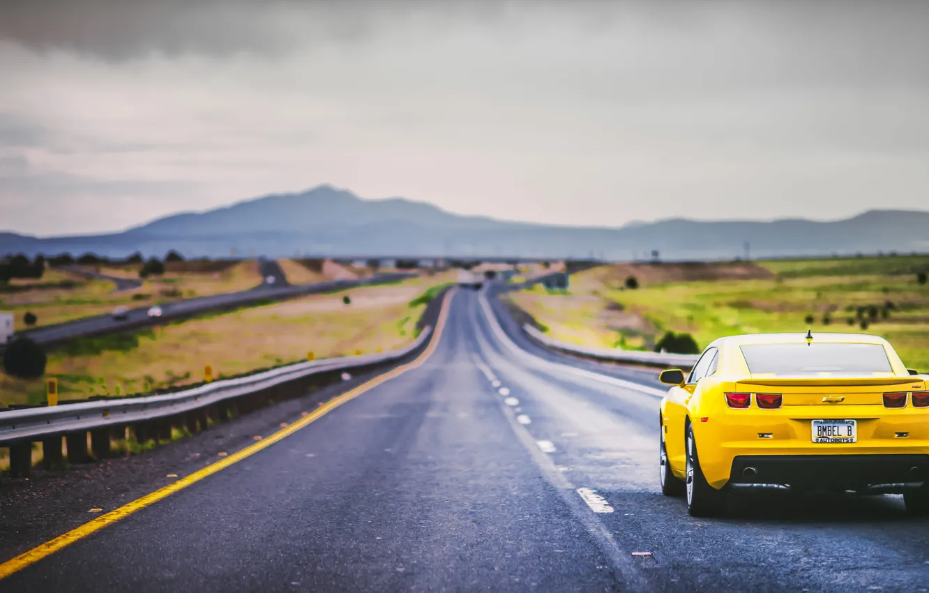 Photo wallpaper road, mountains, back, Camaro, gray clouds