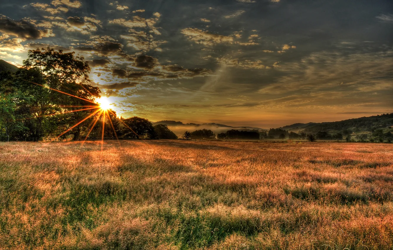 Photo wallpaper field, the sky, the sun, clouds, rays, trees, sunset, England