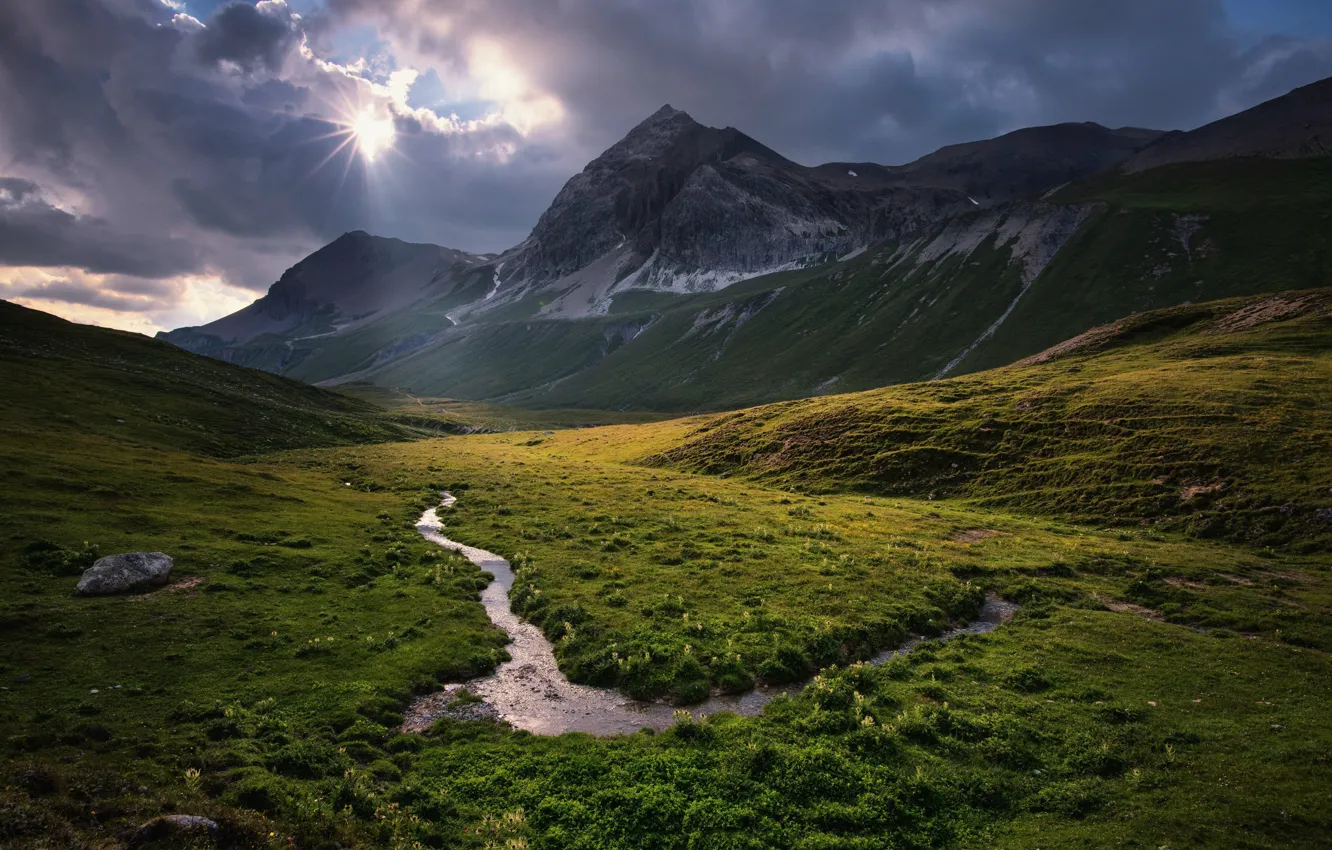 Photo wallpaper the sky, clouds, mountains, valley