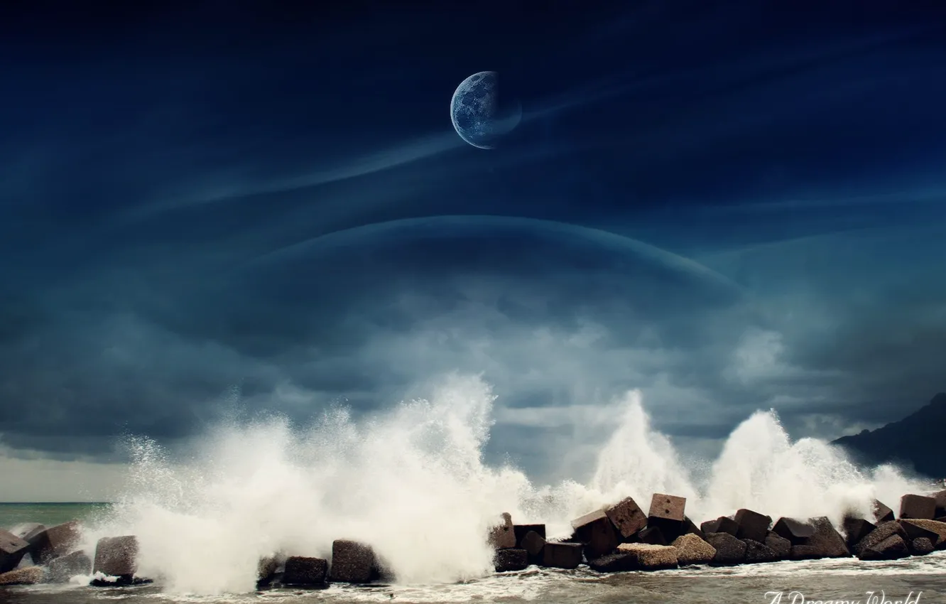 Photo wallpaper sea, water, stones, the moon, Dreamy World