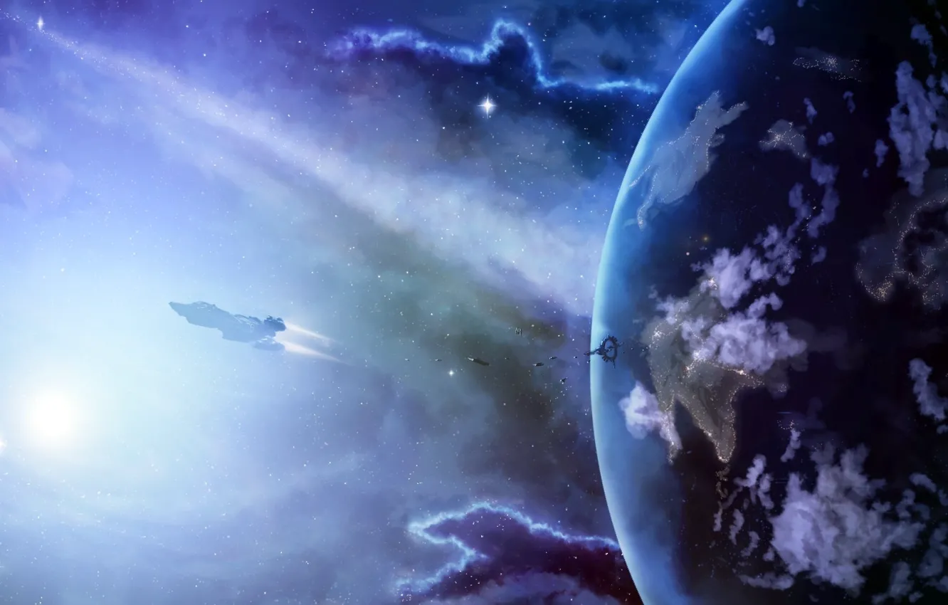 Photo wallpaper space, stars, surface, flight, planet, spaceship