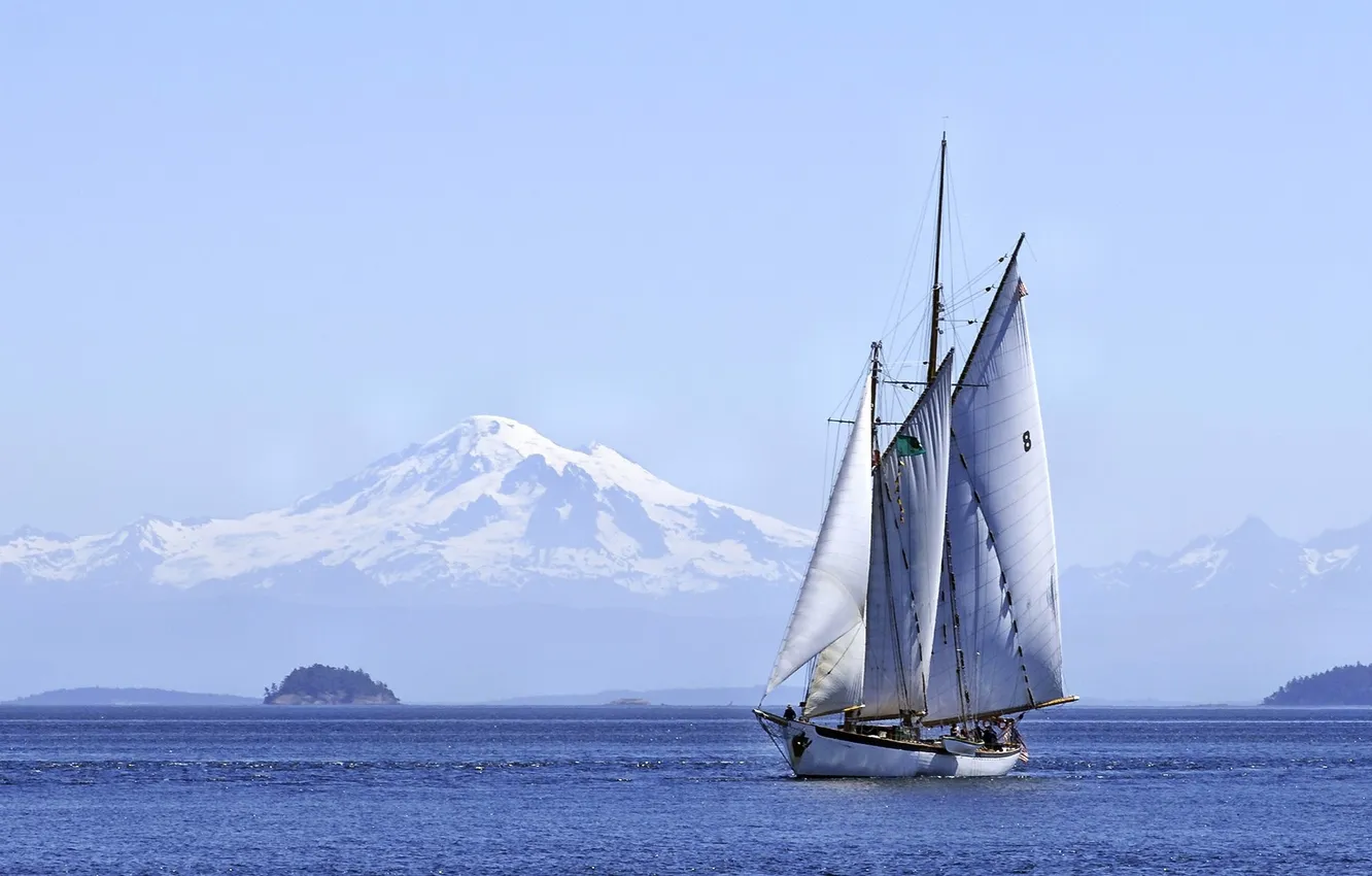 Photo wallpaper sea, mountains, the ocean, boat, ship, sailboat, yacht