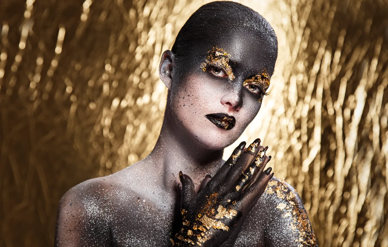 Photo wallpaper girl, background, gold, Shine, makeup, beautiful, makeup, artistic