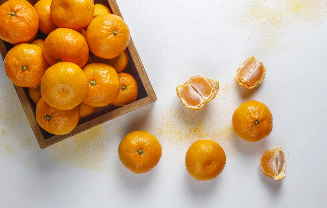 Photo wallpaper citrus, placer, box, light background, slices, composition, tangerines