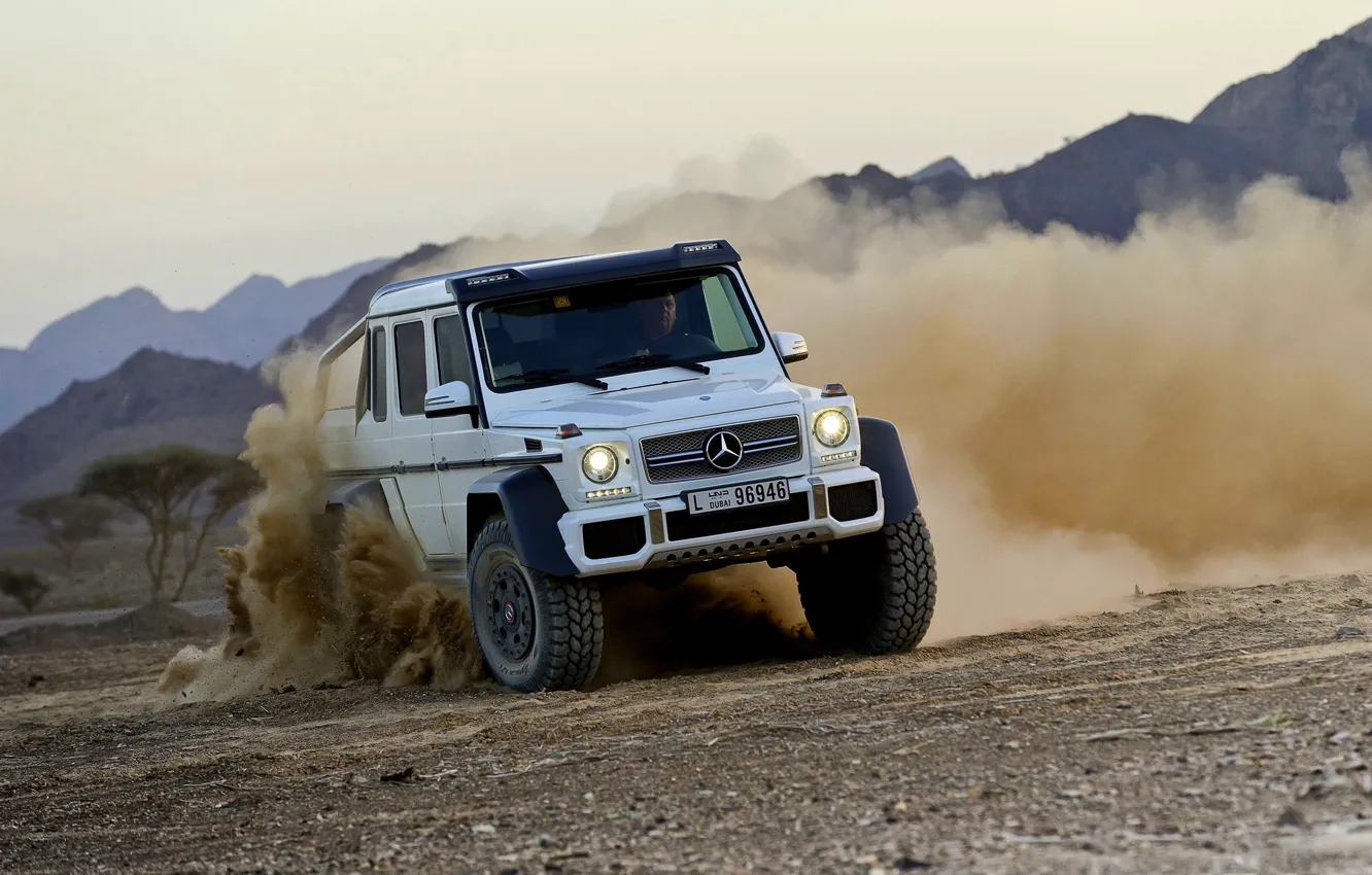 Photo wallpaper Mercedes-Benz, Dust, White, Skid, Jeep, AMG, G63, The front