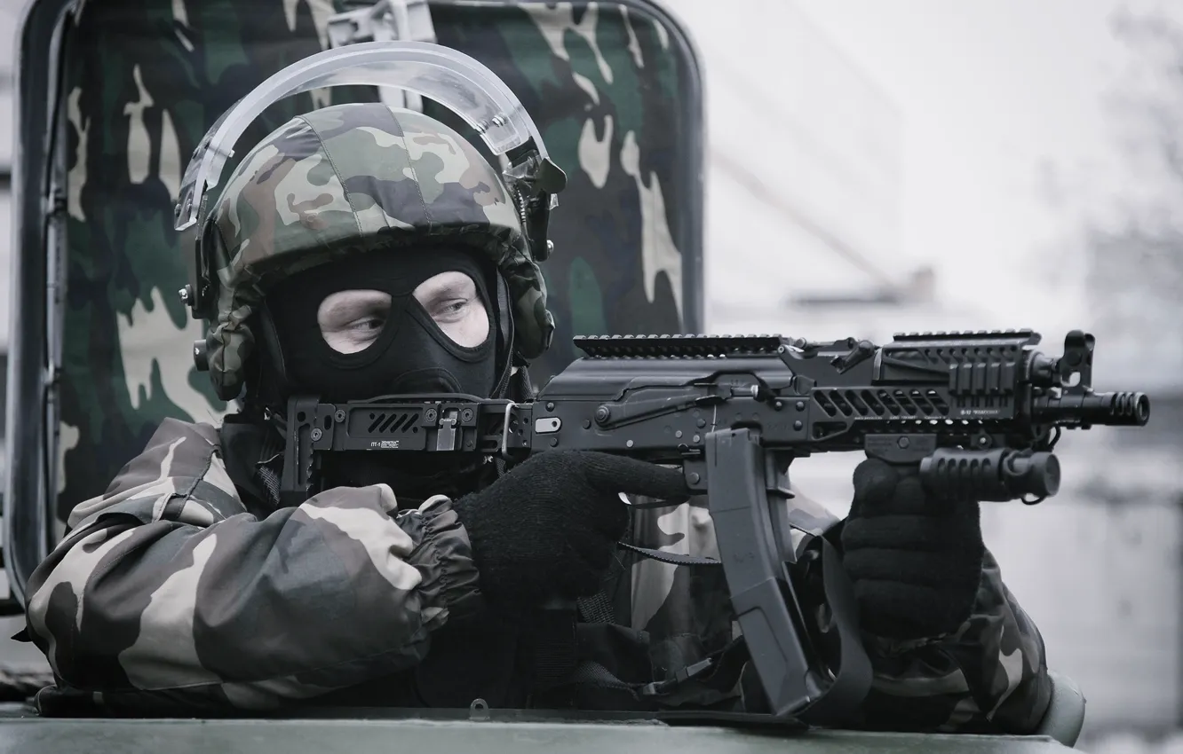 Photo wallpaper mask, soldiers, machine, helmet, fighter, Russia, military, special forces
