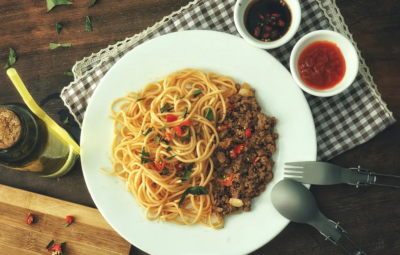 Photo wallpaper meat, spaghetti, sauce, pasta