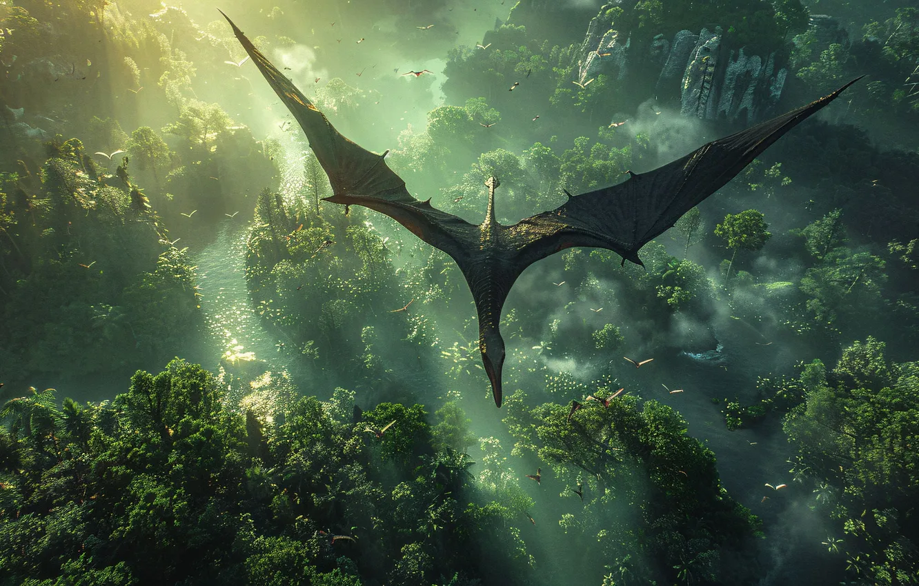 Photo wallpaper trees, flight, animal, wings, dinosaur, top, pterodactyl, digital art