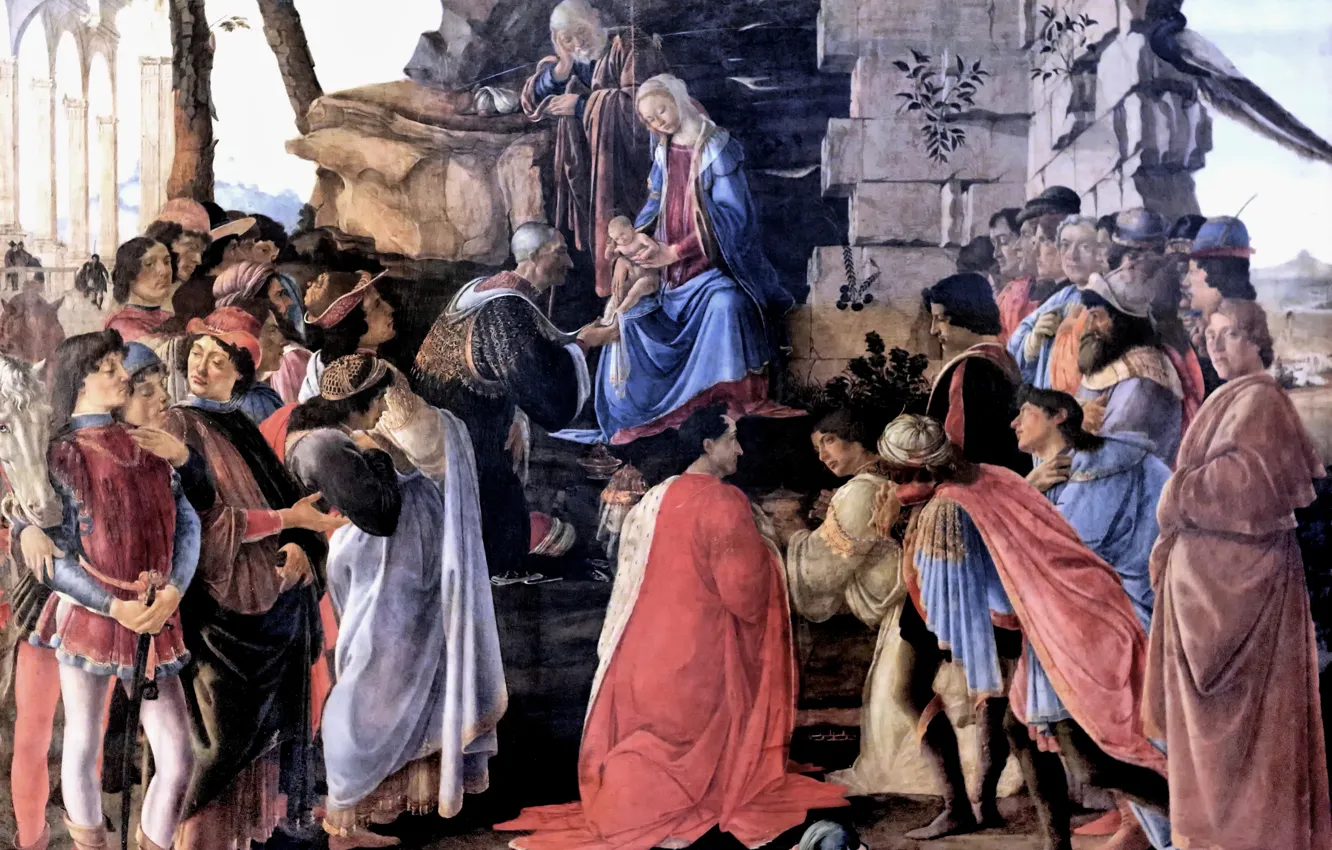 Photo wallpaper Florence, Sandro Botticelli, the great Italian painter, Sandro Botticelli, tempera, 1475, The adoration of the …