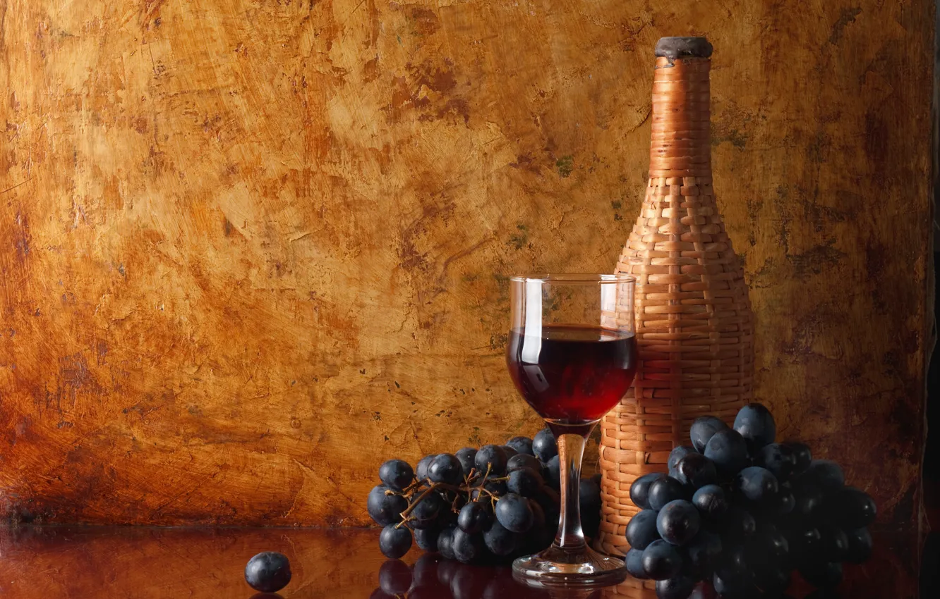 Photo wallpaper reflection, table, wine, red, glass, bottle, grapes, bunches