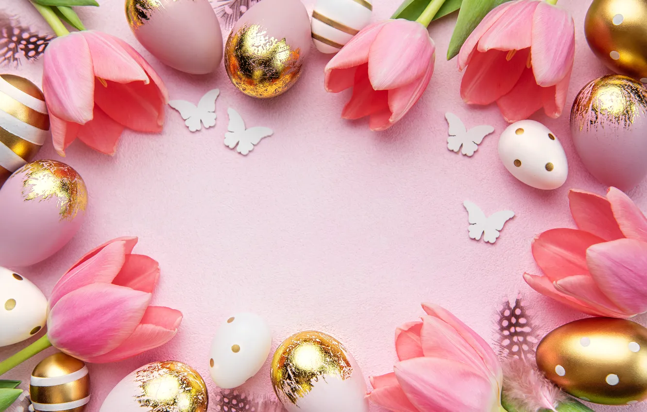 Photo wallpaper flowers, eggs, spring, Easter, tulips, pink, flowers, tulips