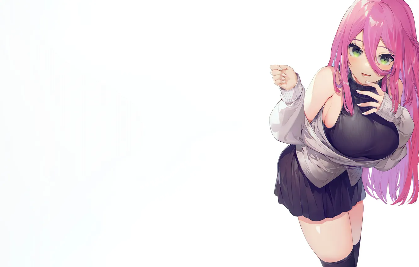 Photo wallpaper girl, sexy, blouse, thighhighs, pink hair, green eyes, long hair, boobs