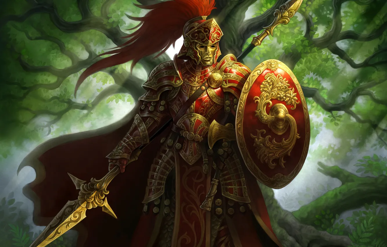 Photo wallpaper armor, warrior, mask, art, spear, shield, Moonga, Sayosian soldier