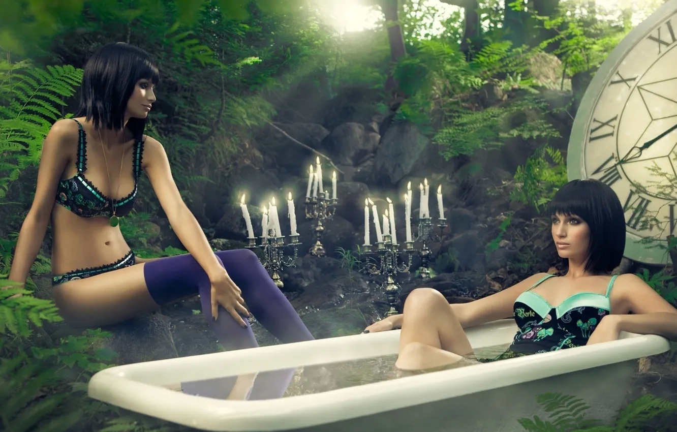 Photo wallpaper girls, Wallpaper, watch, candles, brunette, bath, beauty, sisters