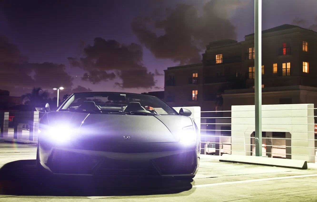 Photo wallpaper the sky, clouds, night, Lamborghini, the fence, Parking, Gallardo, grey