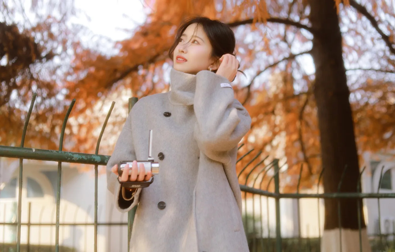 Photo wallpaper woman, smile, beautiful, tree, model, pretty, coat, asian