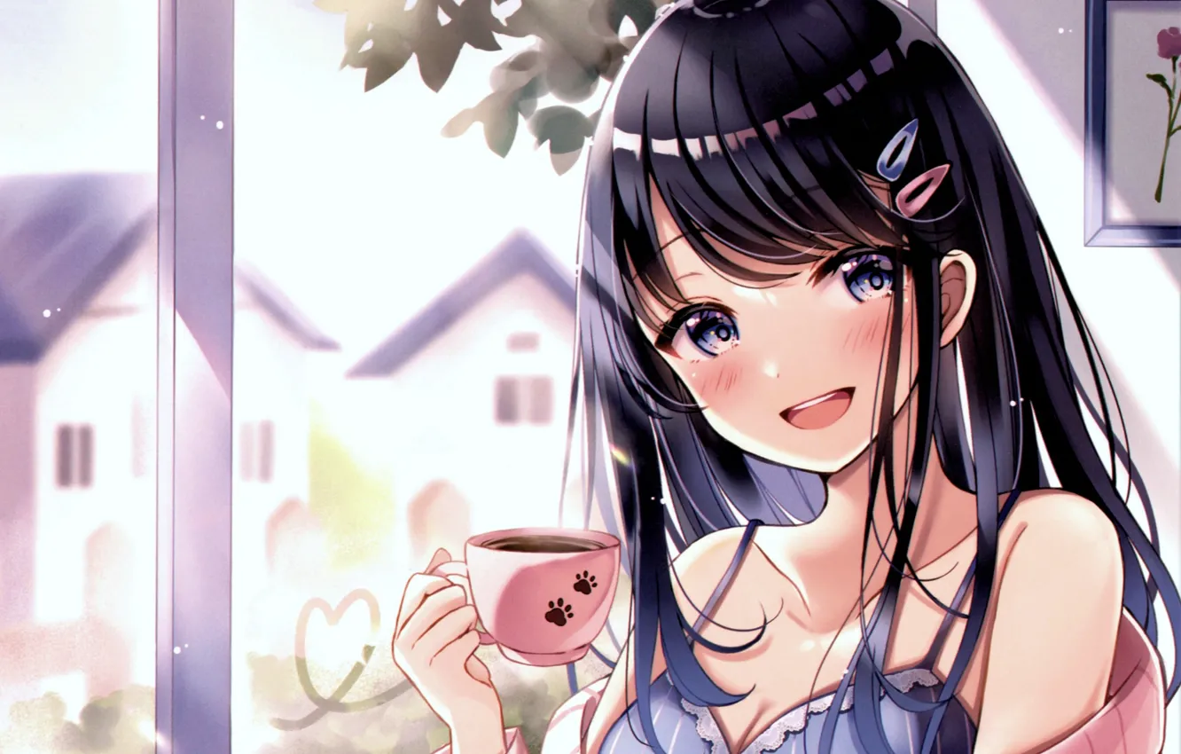 Photo wallpaper face, smile, girl, long hair, window, clips, a Cup of coffee, morning charm