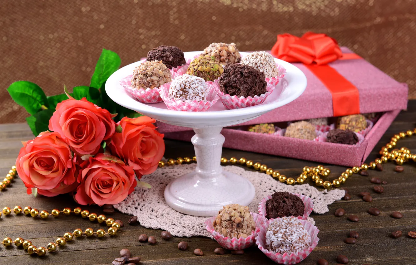 Photo wallpaper flowers, gift, chocolate, roses, candy