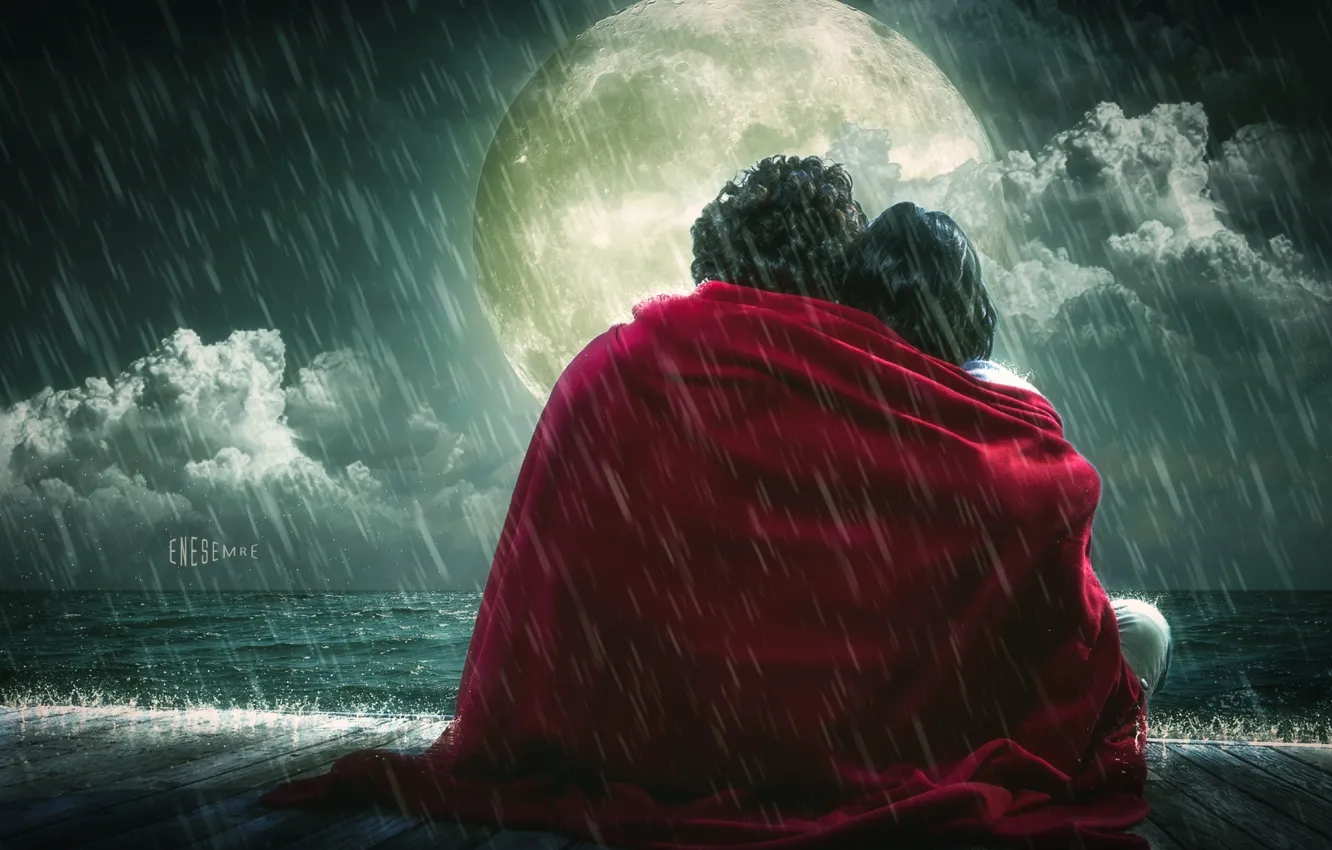 Photo wallpaper rain, the moon, romance, feelings, blanket, lovers