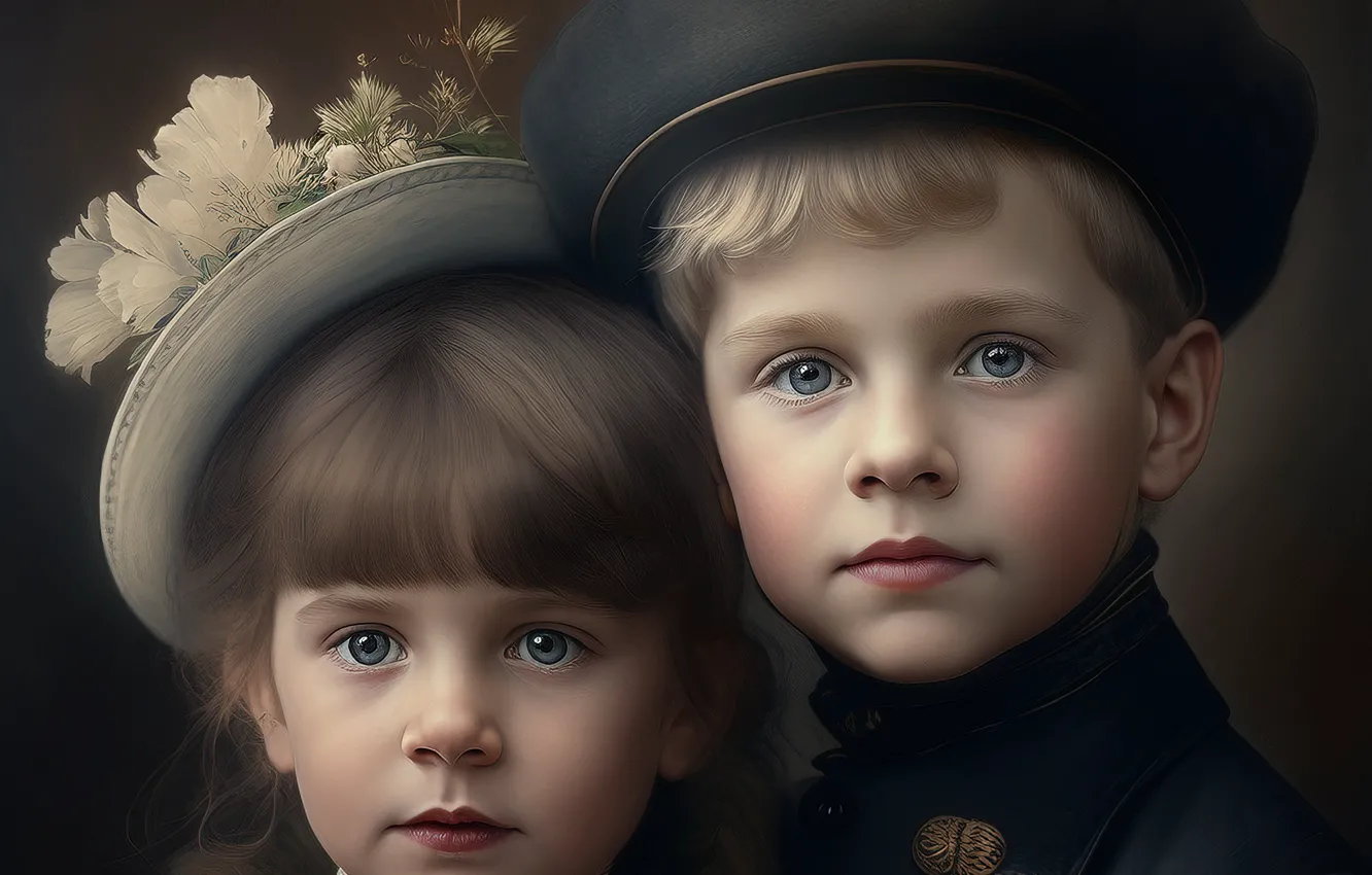 Photo wallpaper look, children, portrait, boy, girl, Duo, two children, AI art