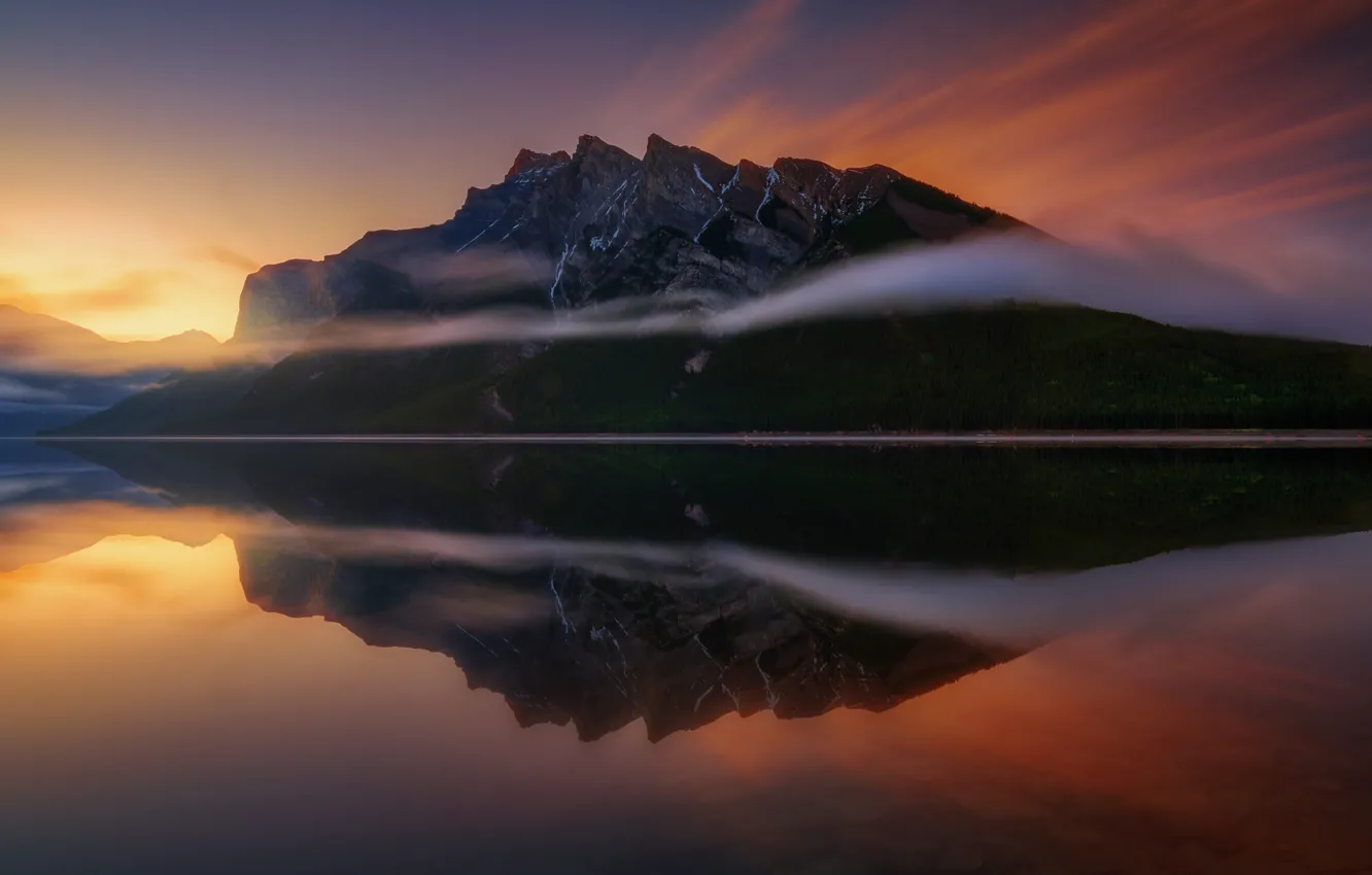 Photo wallpaper winter, light, fog, lake, the evening, morning, Canada, Alberta