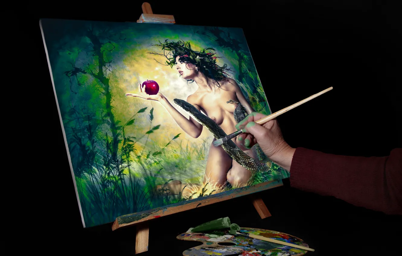 Photo wallpaper fantasy, apples, oil, Paradise, snake, picture, hands, artist