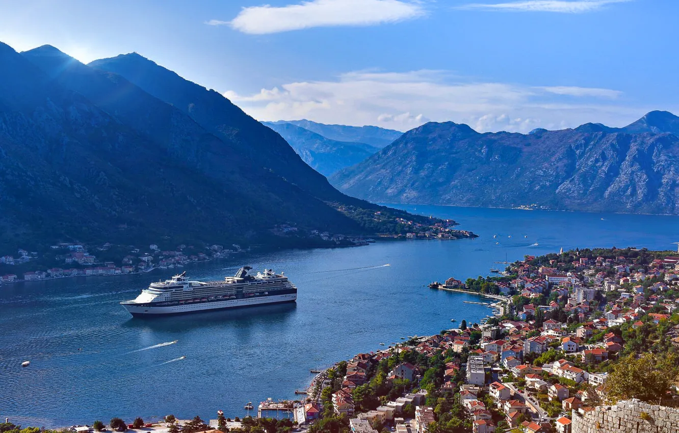 Photo wallpaper city, lake, ship, boat, bay, Montenegro, Kotor, Kotor bay