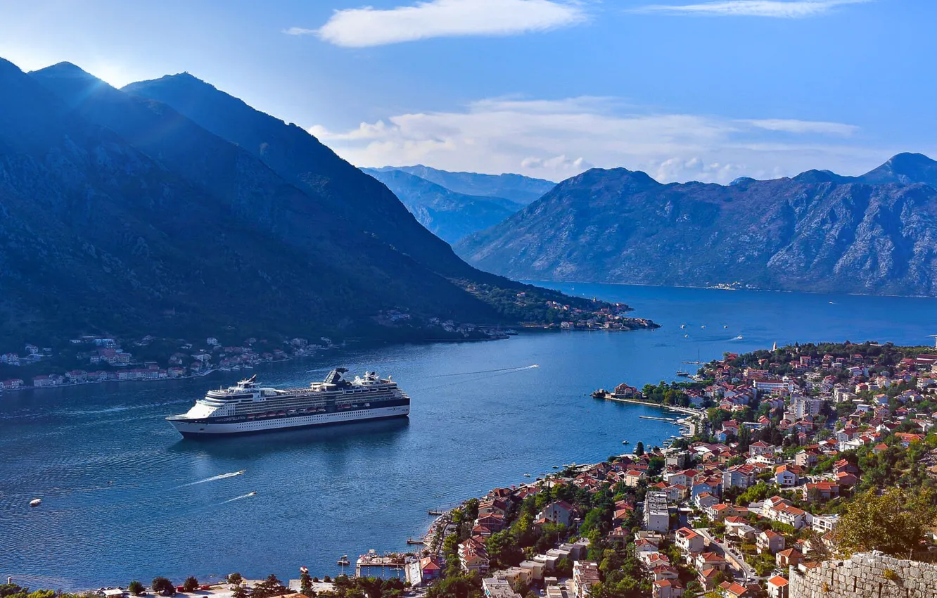 Photo wallpaper city, lake, ship, boat, bay, Montenegro, Kotor, cruise ship