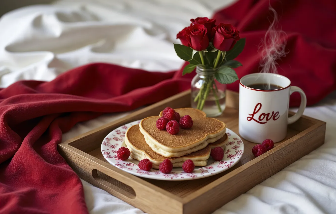 Photo wallpaper love, flowers, romance, heart, roses, Breakfast, love, pancakes