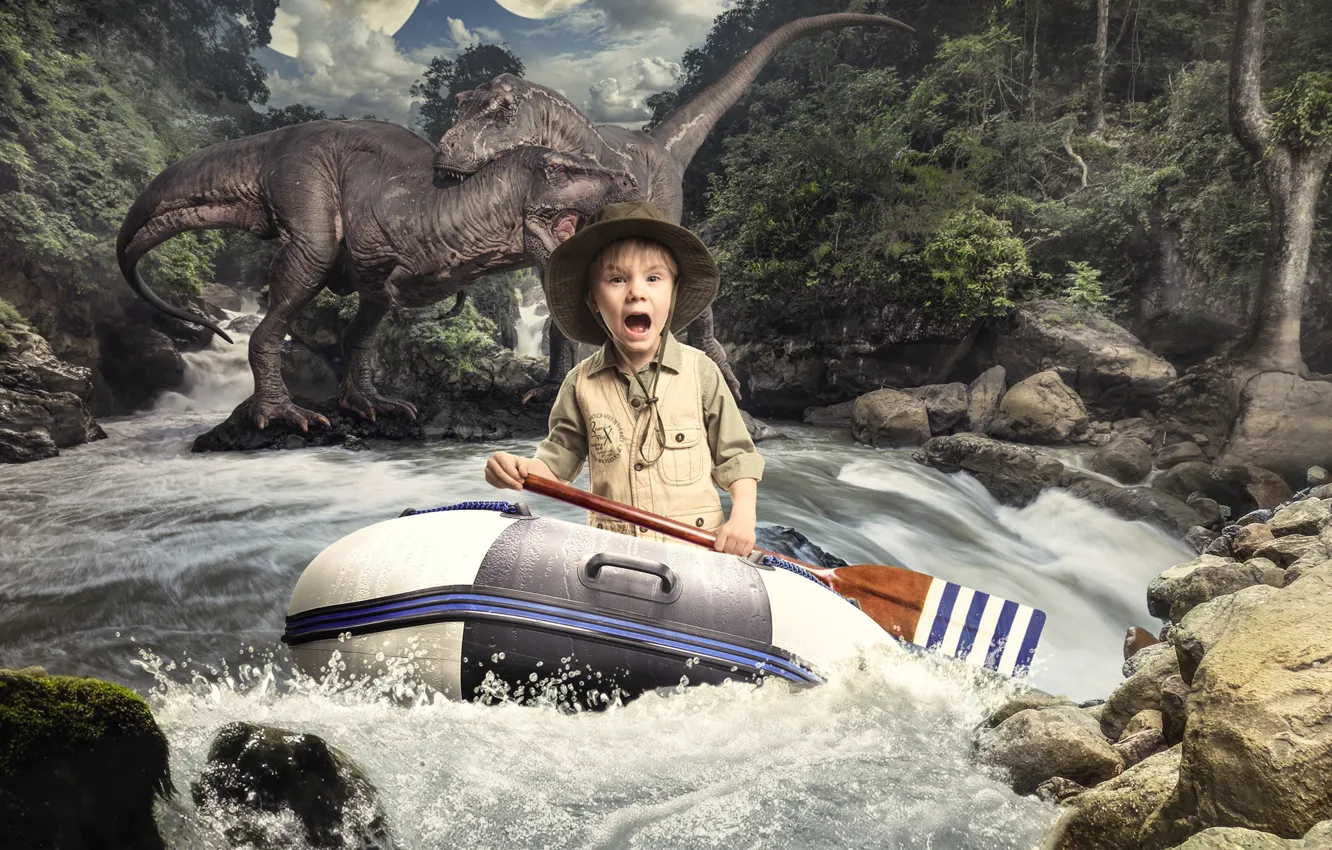 Photo wallpaper river, fright, boy, dinosaurs, horror, paddle, rubber boat, Mikhail Novikov
