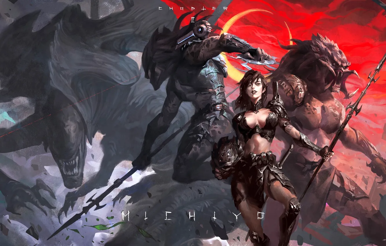 Photo wallpaper girl, fantasy, cleavage, weapon, alien, digital art, artwork, warrior