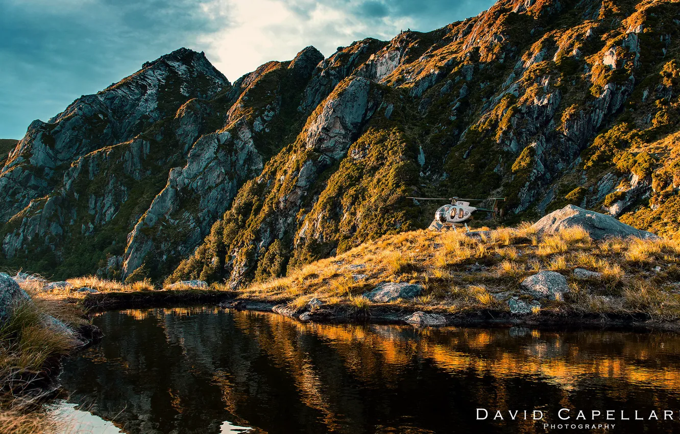 Photo wallpaper mountains, nature, lake, rocks, New Zealand, helicopter, New Zealand, David Capellar