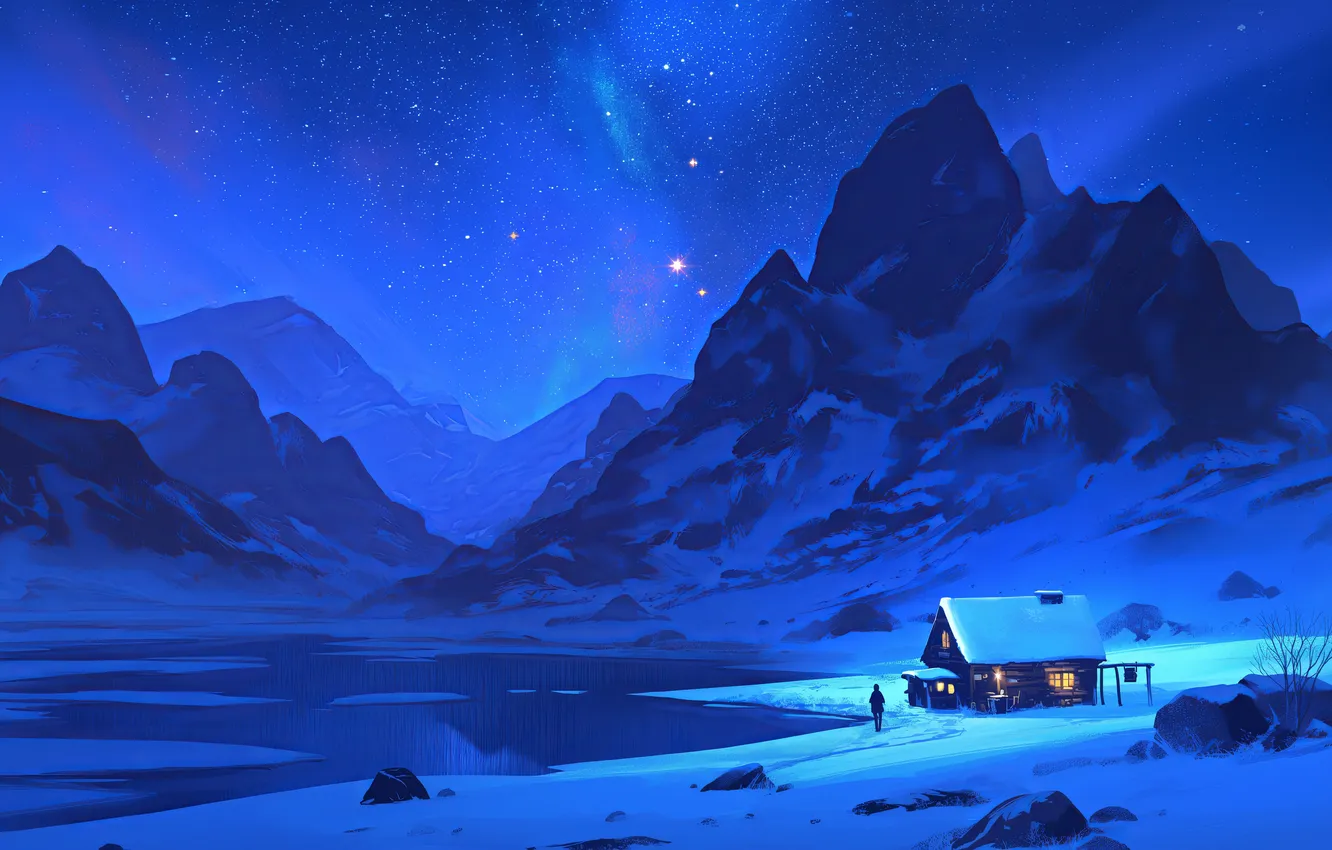 Photo wallpaper lights, Night, winter, mountain, lake, snow, stars, artwork