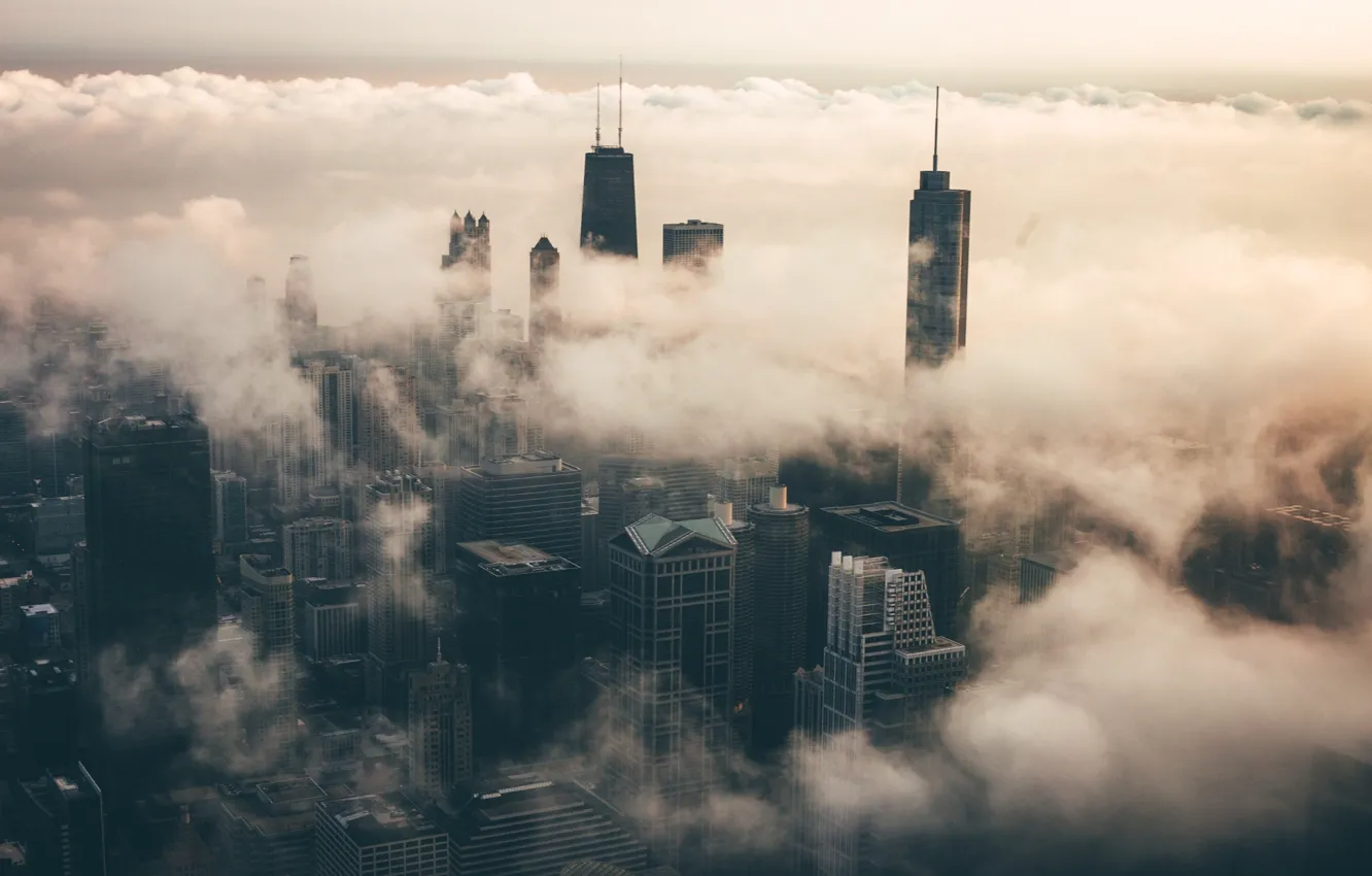 Photo wallpaper clouds, the city, fog, Chicago, USA