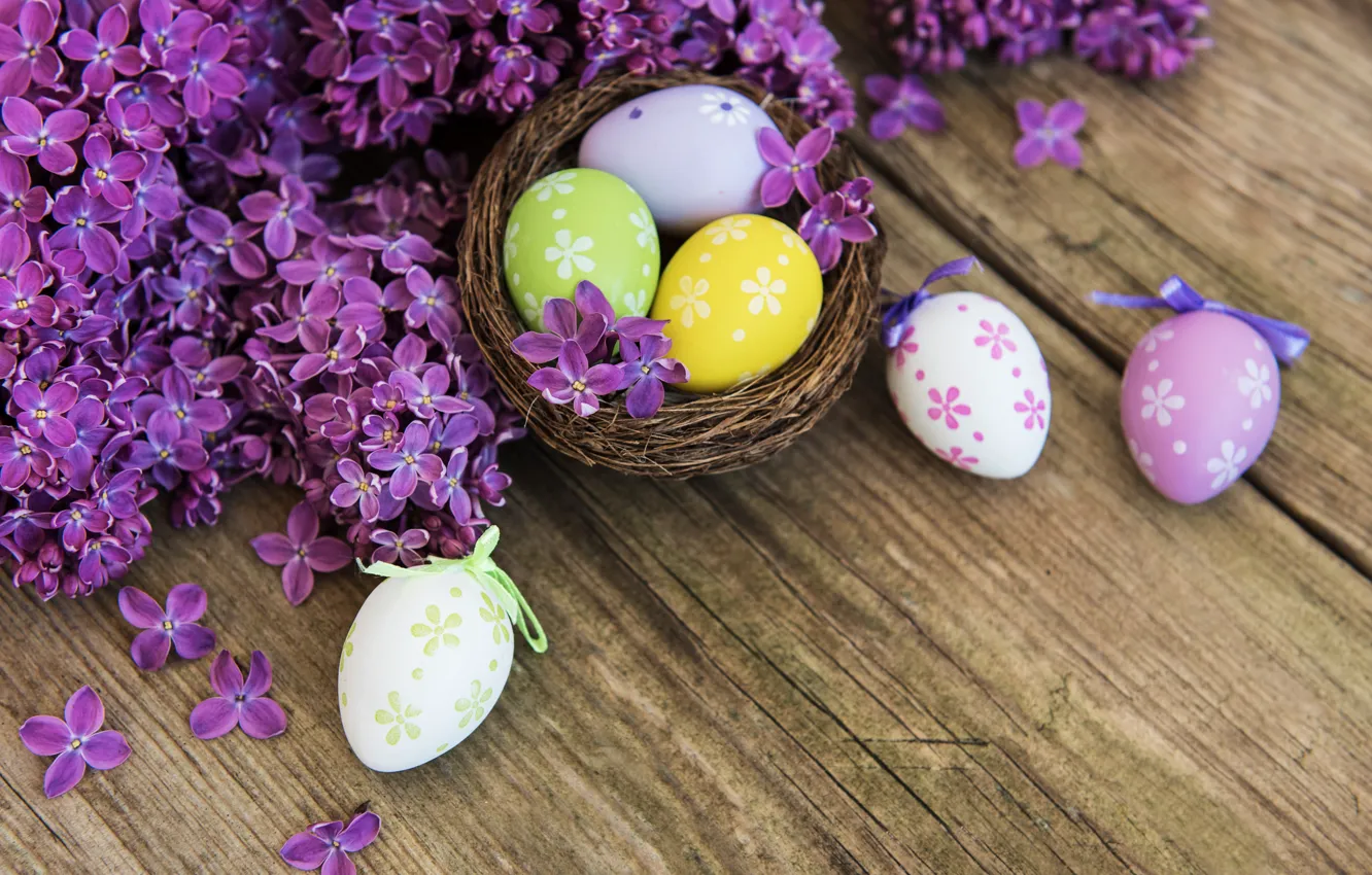 Photo wallpaper flowers, eggs, spring, colorful, Easter, wood, blossom, flowers
