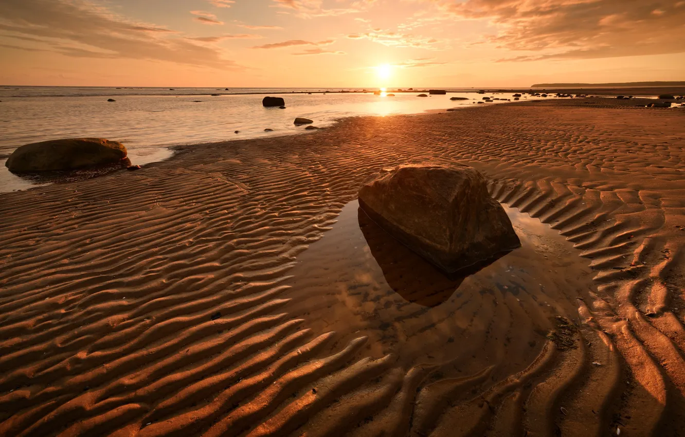 Photo wallpaper sand, beach, the sky, the sun, sunset, river, stones, shore