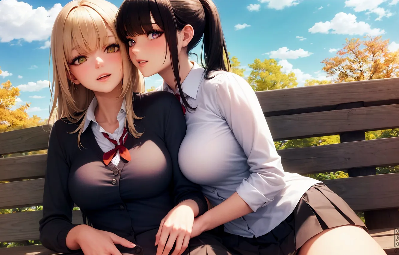 Photo wallpaper girl, school uniform, sky, trees, park, clouds, brunette, bench