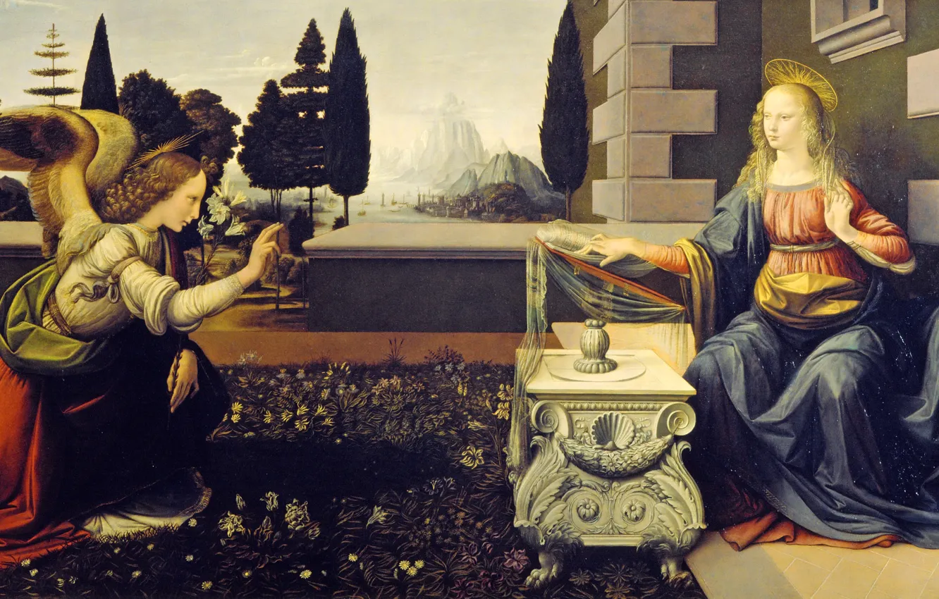 Photo wallpaper picture, Leonardo da Vinci, mythology, The Annunciation, Andrea Verrocchio