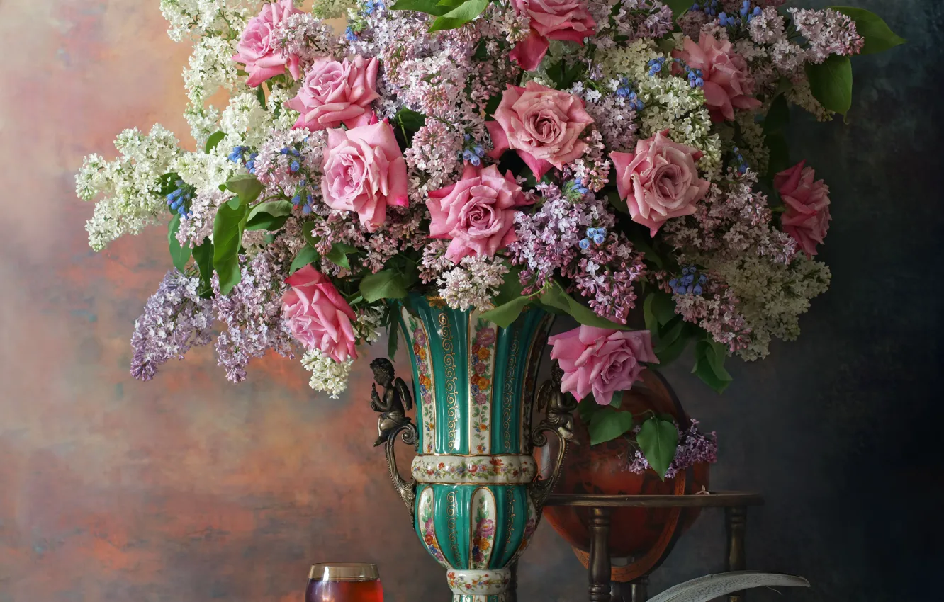 Photo wallpaper flowers, style, pen, wine, glass, roses, bouquet, vase