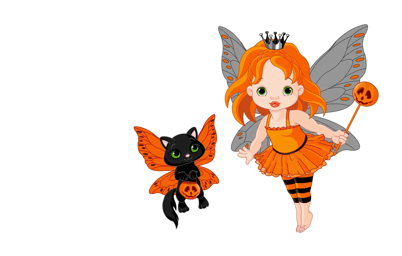 Photo wallpaper holiday, art, costume, girl, pumpkin, kitty, Halloween, children's