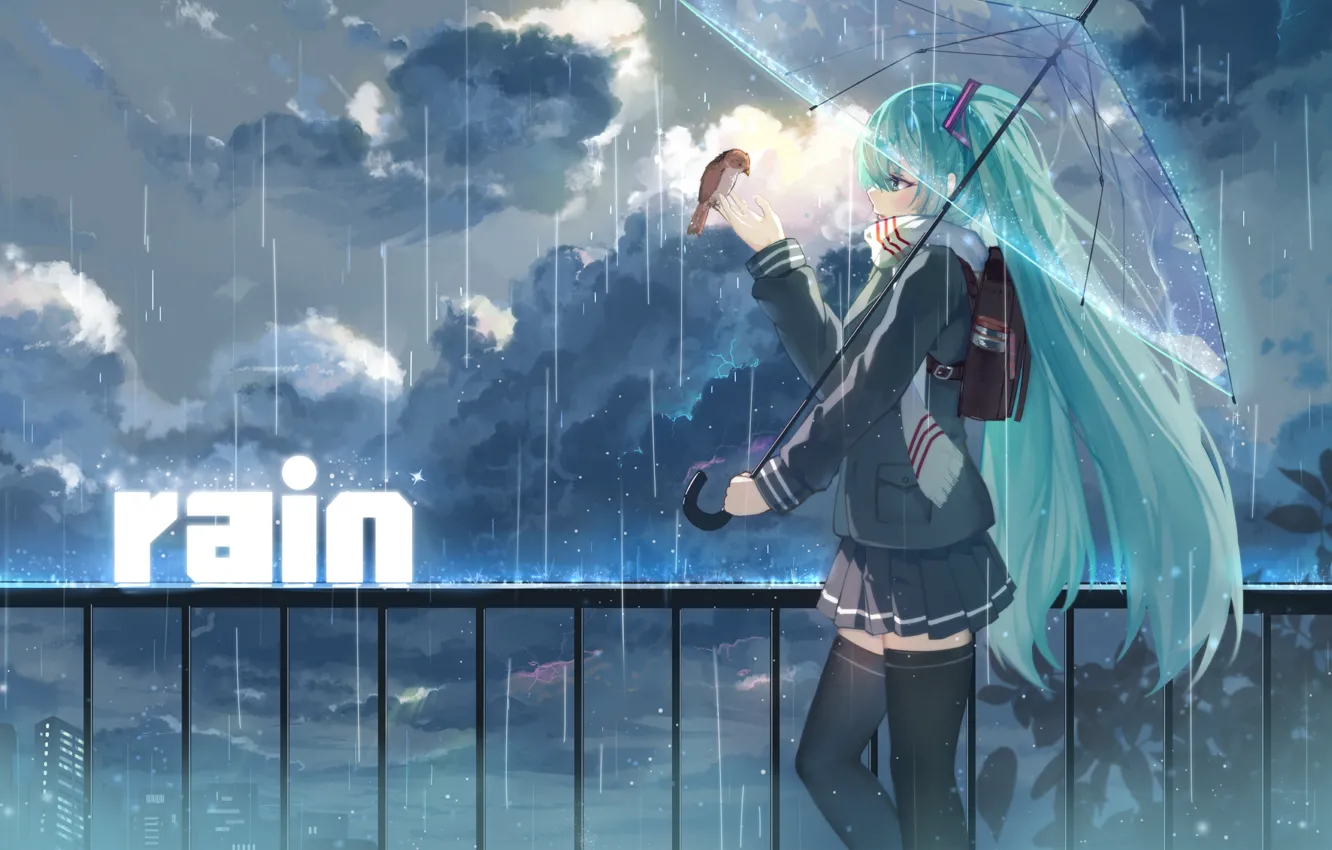 Photo wallpaper the sky, girl, clouds, the city, rain, home, umbrella, anime