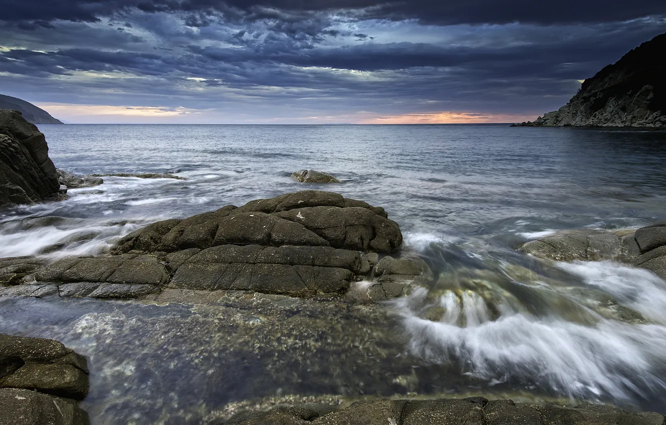 Photo wallpaper sea, clouds, stones, shore, Bay