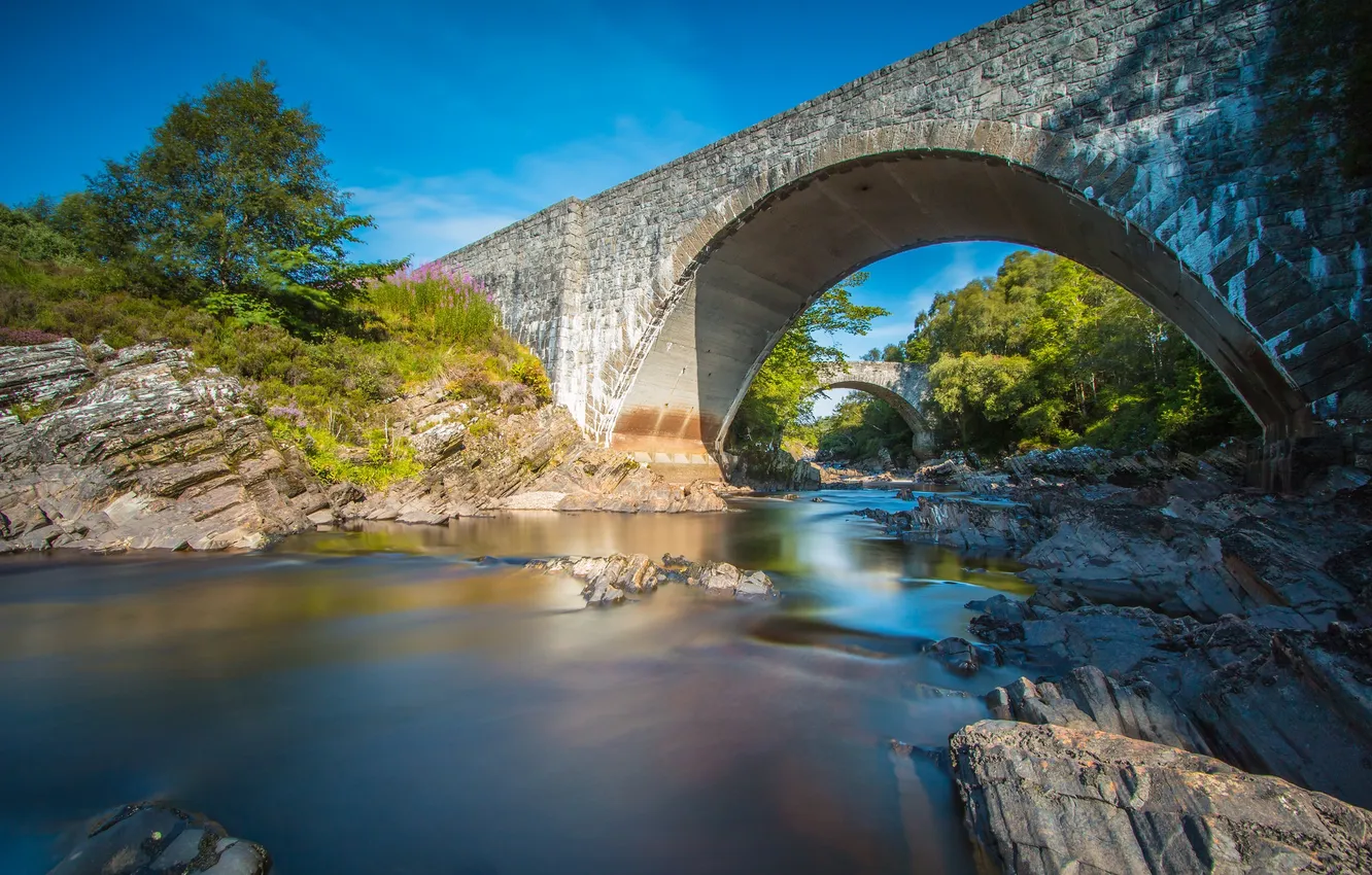 Photo wallpaper the sky, trees, bridge, river, Scotland, arch, Oykel Bridge