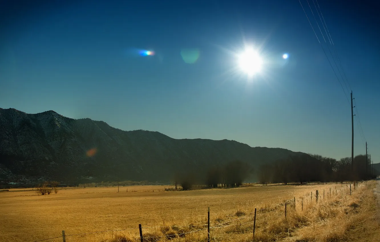 Photo wallpaper road, field, the sky, landscape, posts
