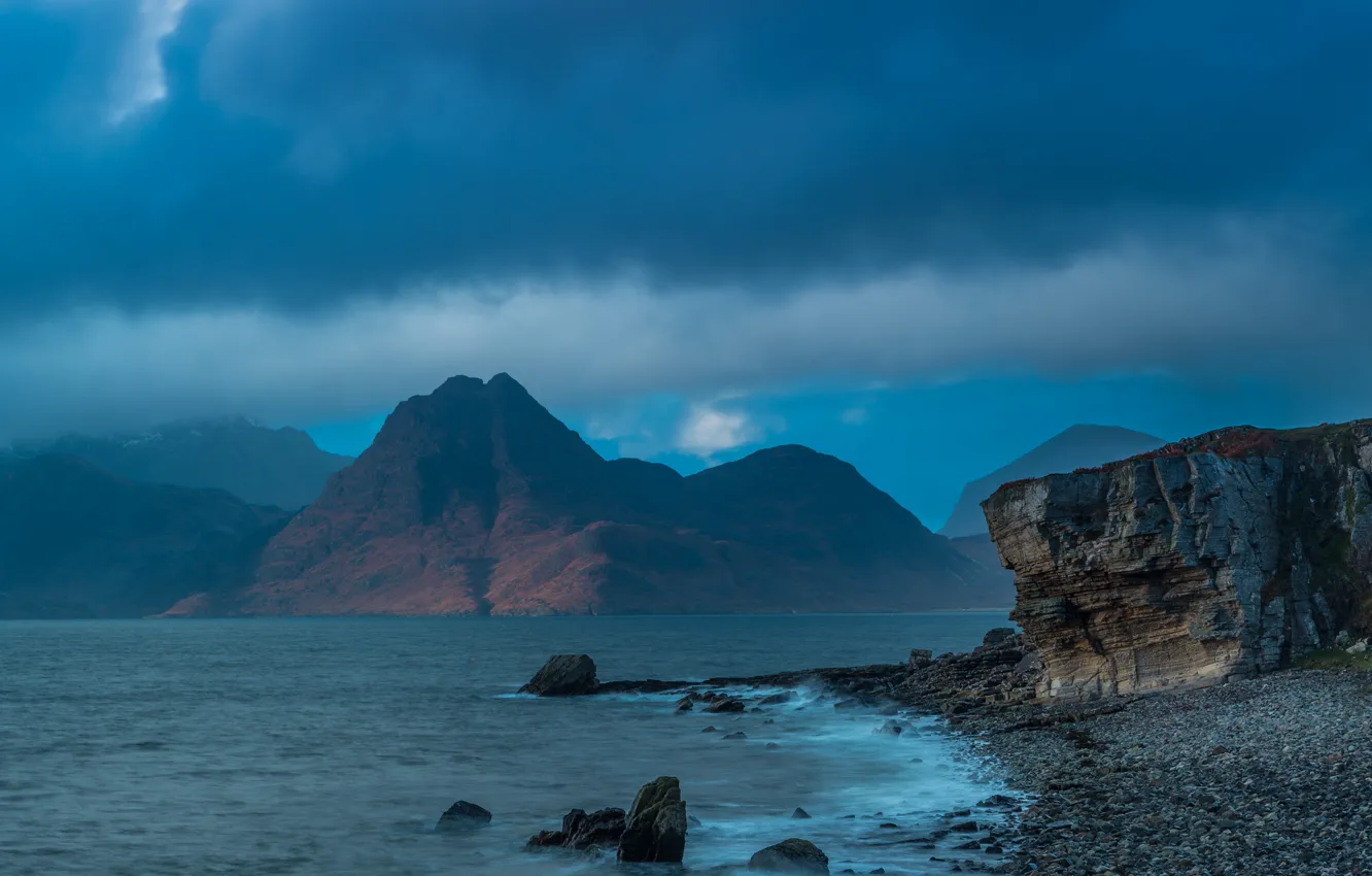 Photo wallpaper the sky, water, clouds, mountains, stones, the ocean, rocks, shore