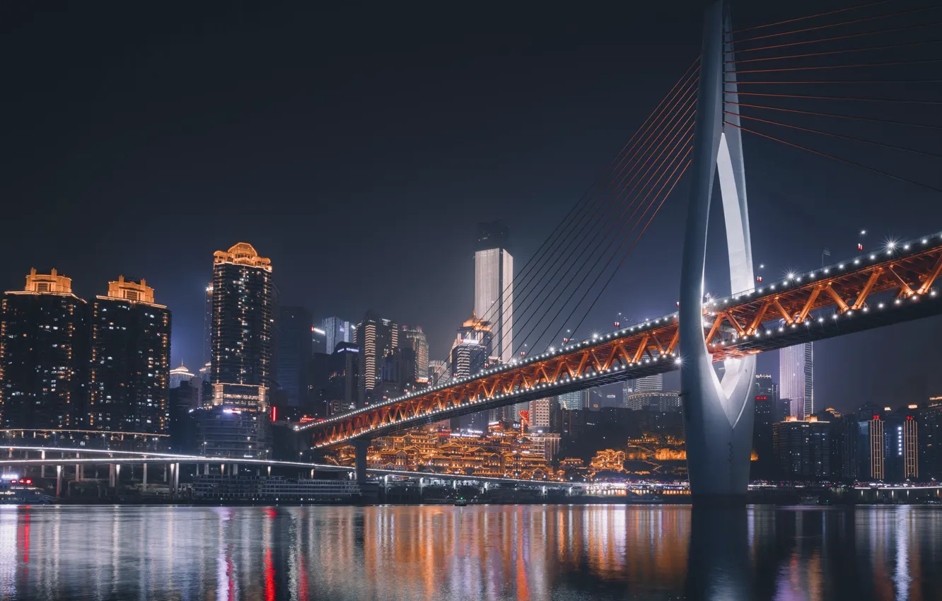 Photo wallpaper city, lights, bridge, night, skyscrapers, Asia, Chongqing