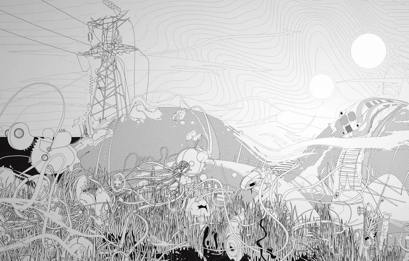 Photo wallpaper line, landscape, black and white