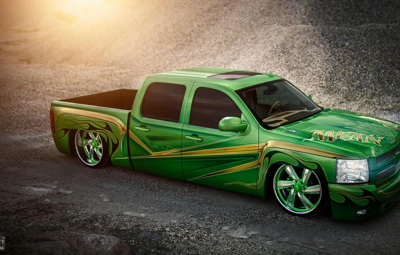 Photo wallpaper green, Chevrolet, green, lowrider, Chevrolet, pickup, pick-up, Silverado